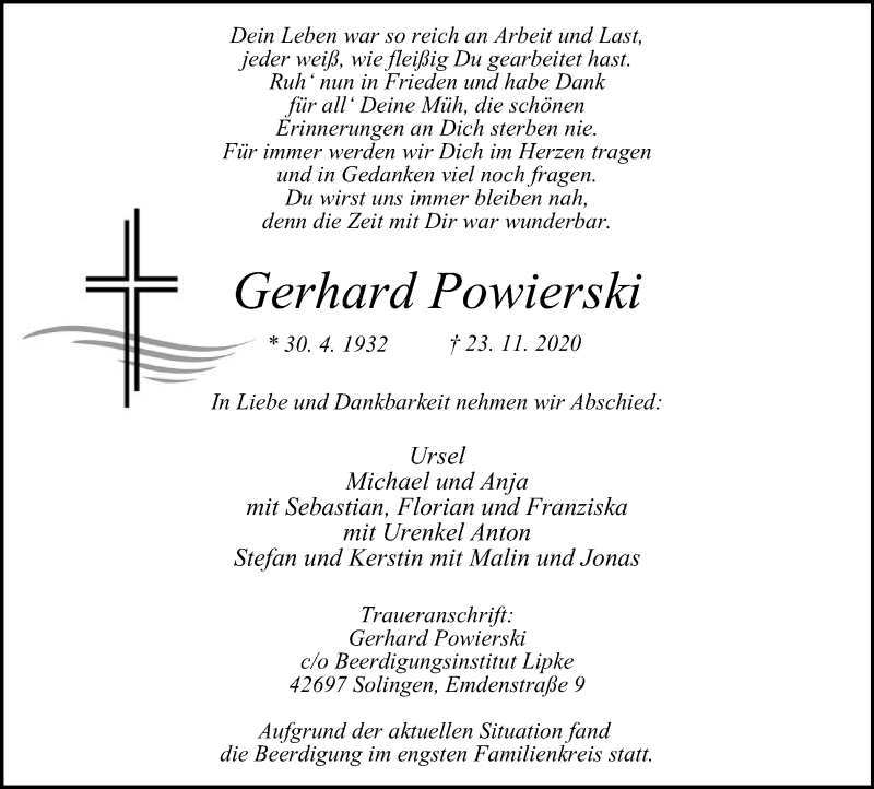  Traueranzeige für Gerhard Powierski vom 05.12.2020 aus WVW Anzeigenblätter