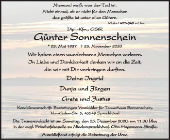 Traueranzeige von Günter Sonnenschein von WVW Anzeigenblätter
