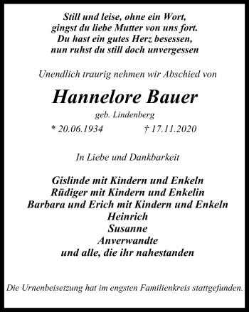 Traueranzeige von Hannelore Bauer von WVW Anzeigenblätter