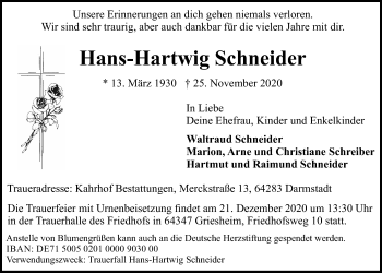 Traueranzeige von Hans-Hartwig Schneider von WVW Anzeigenblätter
