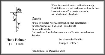 Traueranzeige von Hans Helmer von WVW Anzeigenblätter