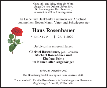 Traueranzeige von Hans Rosenbauer von WVW Anzeigenblätter