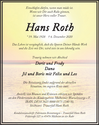 Traueranzeige von Hans Roth von WVW Anzeigenblätter