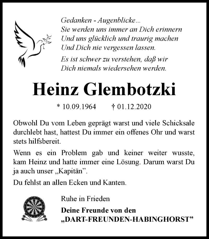  Traueranzeige für Heinz Glembotzki vom 05.12.2020 aus WVW Anzeigenblätter