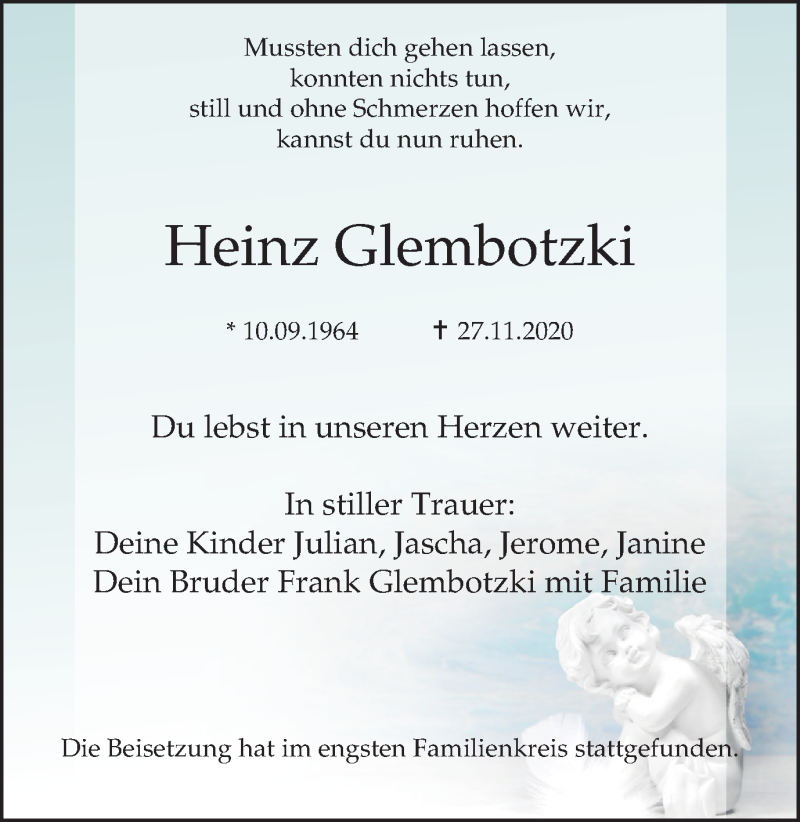  Traueranzeige für Heinz Glembotzki vom 12.12.2020 aus WVW Anzeigenblätter