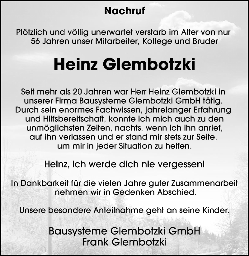  Traueranzeige für Heinz Glembotzki vom 12.12.2020 aus WVW Anzeigenblätter