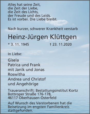 Traueranzeige von Heinz-Jürgen Klüttgen von WVW Anzeigenblätter