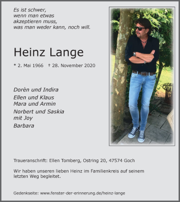 Traueranzeige von Heinz Lange von WVW Anzeigenblätter