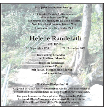 Traueranzeige von Helene Randerath von WVW Anzeigenblätter