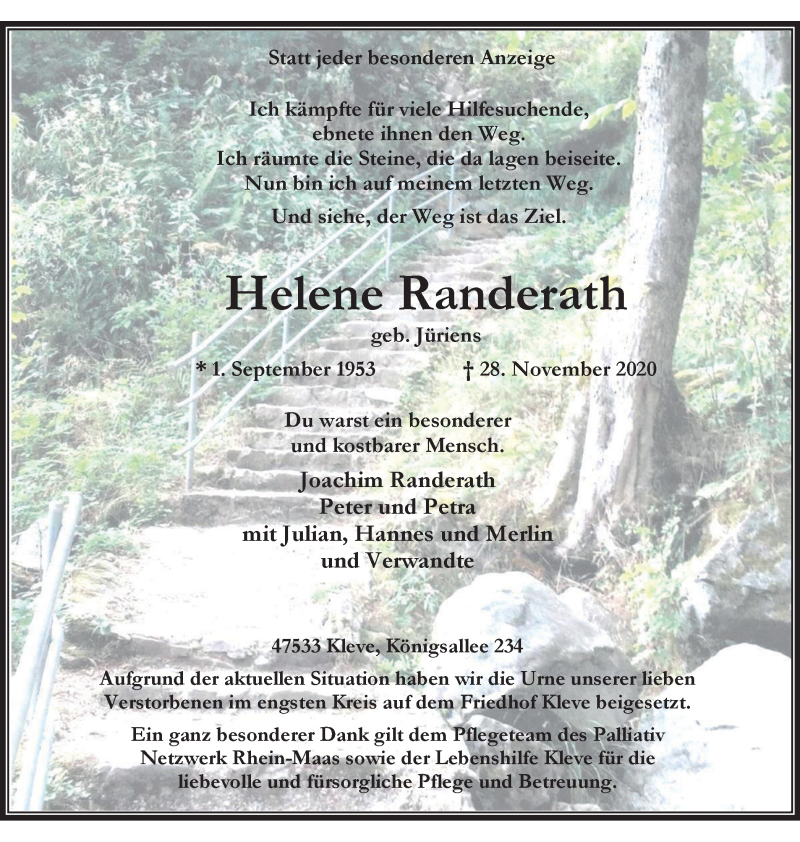  Traueranzeige für Helene Randerath vom 05.12.2020 aus WVW Anzeigenblätter