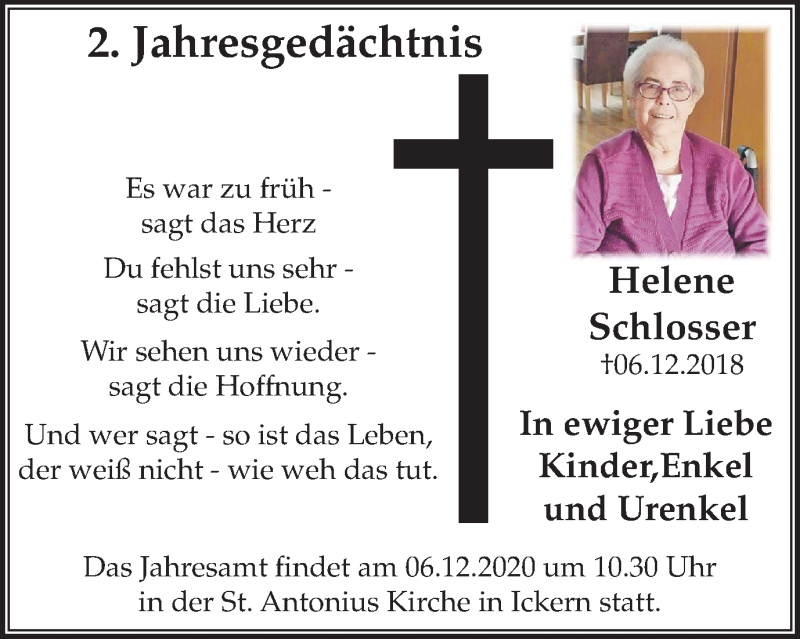  Traueranzeige für Helene Schlosser vom 05.12.2020 aus WVW Anzeigenblätter