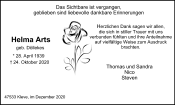 Traueranzeige von Helma Arts von WVW Anzeigenblätter