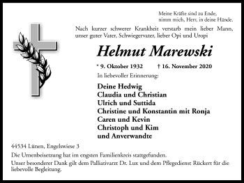 Traueranzeige von Helmut Marewski von WVW Anzeigenblätter