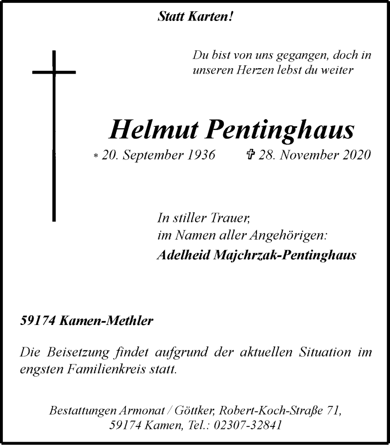  Traueranzeige für Helmut Pentinghaus vom 02.12.2020 aus WVW Anzeigenblätter