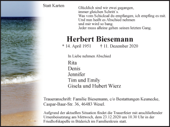 Traueranzeige von Herbert Biesemann von WVW Anzeigenblätter