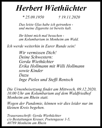 Traueranzeige von Herbert Wiethüchter von WVW Anzeigenblätter