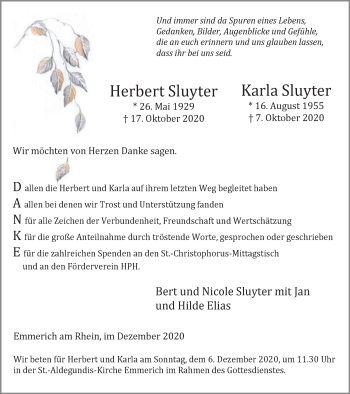 Traueranzeige von Herbert und Karla Sluyter von WVW Anzeigenblätter