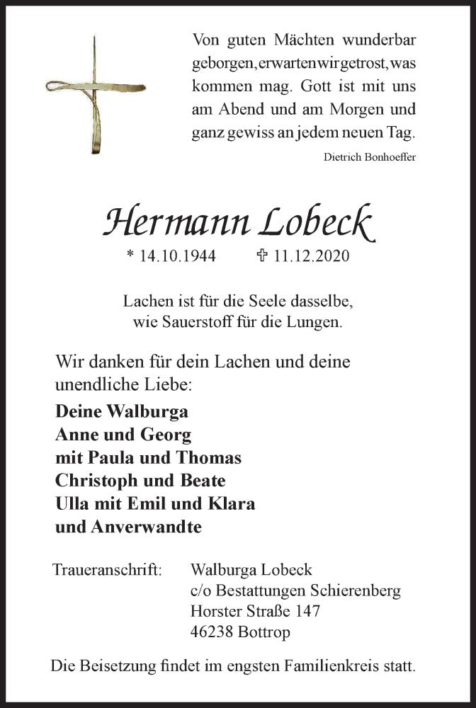 Traueranzeigen von Hermann Lobeck TrauerinNRW.de