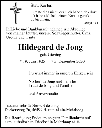 Traueranzeige von Hildegard de Jong von WVW Anzeigenblätter
