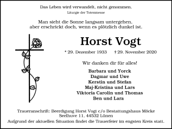 Traueranzeige von Horst Vogt von WVW Anzeigenblätter
