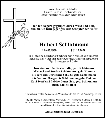 Traueranzeige von Hubert Schlotmann von WVW Anzeigenblätter