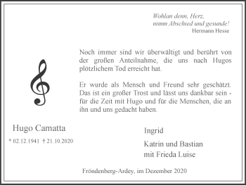 Traueranzeige von Hugo Camatta von WVW Anzeigenblätter