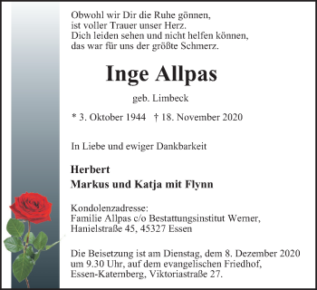 Traueranzeige von Inge Allpas von WVW Anzeigenblätter