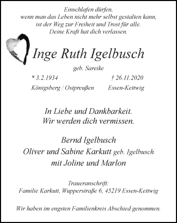 Traueranzeige von Inge Ruth Igelbusch von WVW Anzeigenblätter