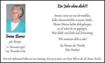 Traueranzeige von Irene Berns von WVW Anzeigenblätter