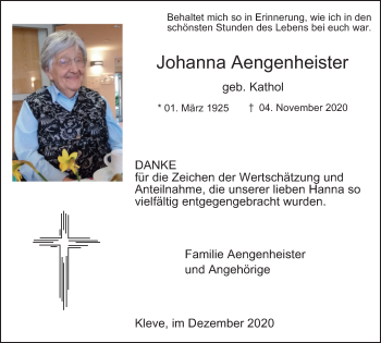 Traueranzeige von Johanna Aengenheister von WVW Anzeigenblätter