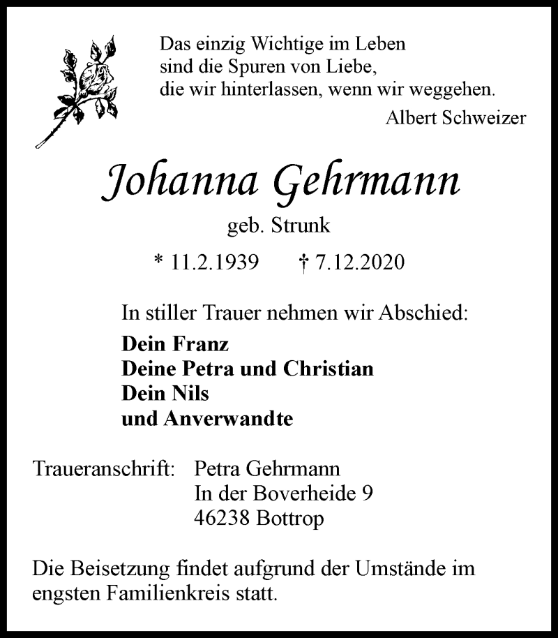  Traueranzeige für Johanna Gehrmann vom 16.12.2020 aus WVW Anzeigenblätter