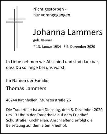 Traueranzeige von Johanna Lammers von WVW Anzeigenblätter