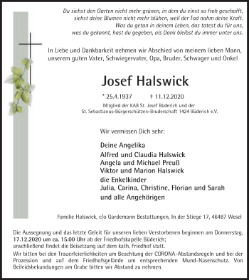 Traueranzeige von Josef Halswick von WVW Anzeigenblätter