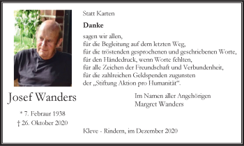 Traueranzeige von Josef Wanders von WVW Anzeigenblätter