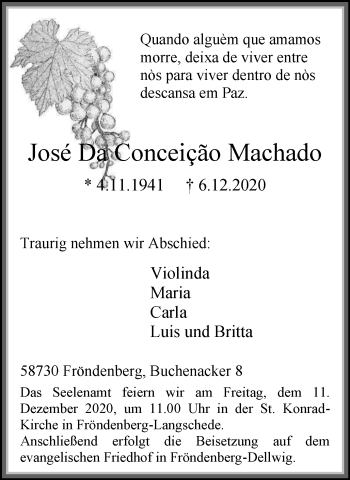 Traueranzeige von José Da Conceição Machado von WVW Anzeigenblätter