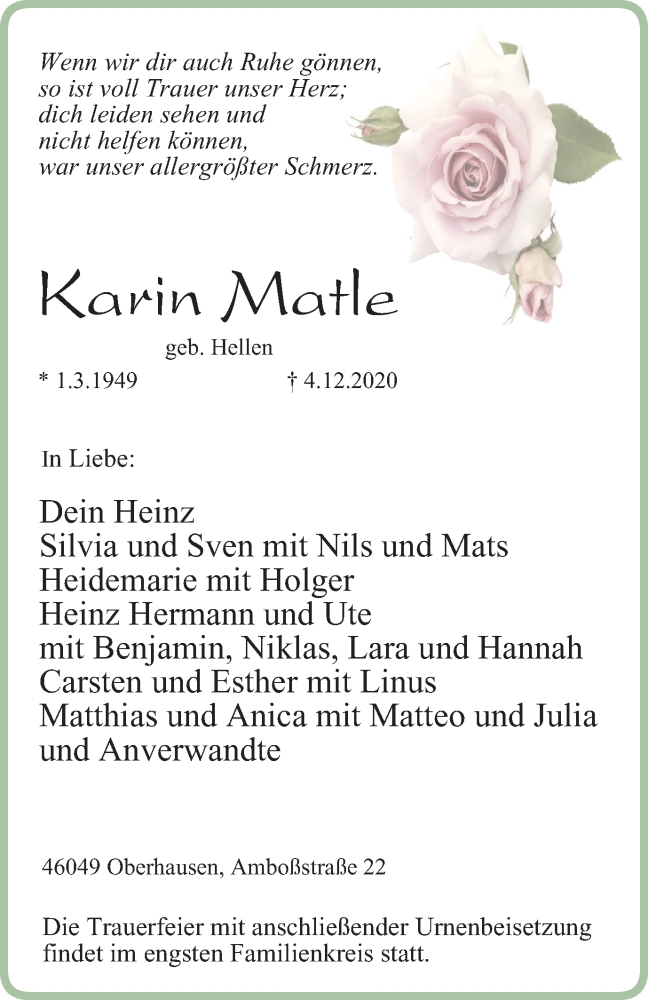  Traueranzeige für Karin Matle vom 09.12.2020 aus WVW Anzeigenblätter