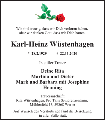 Traueranzeige von Karl-Heinz Wüstenhagen von WVW Anzeigenblätter