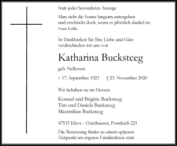 Traueranzeige von Katharina Bucksteeg von WVW Anzeigenblätter