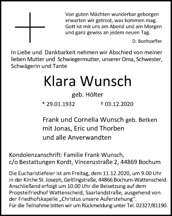 Traueranzeige von Klara Wunsch von WVW Anzeigenblätter