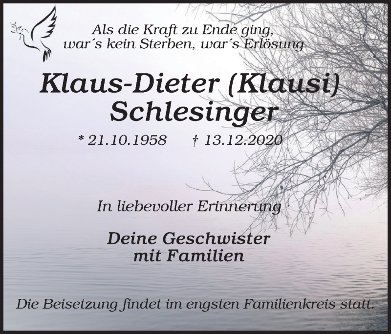  Traueranzeige für Klaus-Dieter Schlesinger vom 19.12.2020 aus WVW Anzeigenblätter