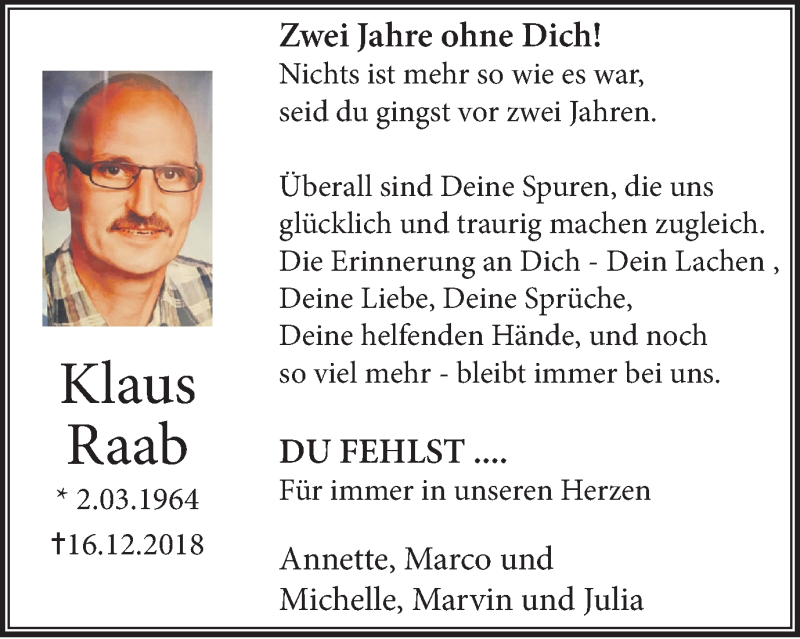  Traueranzeige für Klaus Raab vom 16.12.2020 aus WVW Anzeigenblätter