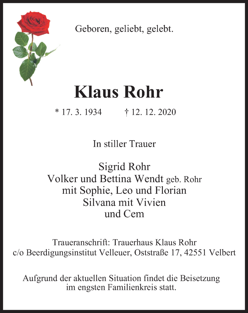  Traueranzeige für Klaus Rohr vom 19.12.2020 aus WVW Anzeigenblätter