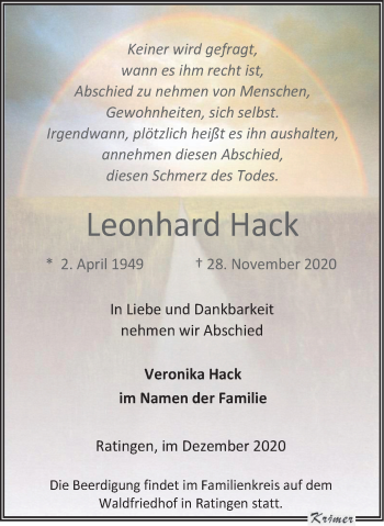 Traueranzeige von Leonhard Hack von WVW Anzeigenblätter