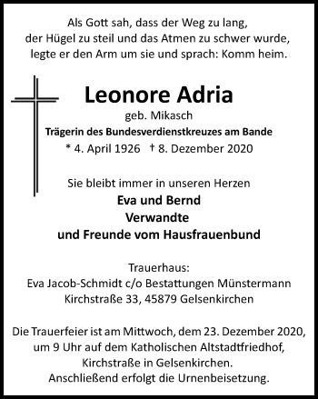 Traueranzeige von Leonore Adria von WVW Anzeigenblätter