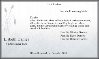 Traueranzeige von Lisbeth Dames von WVW Anzeigenblätter