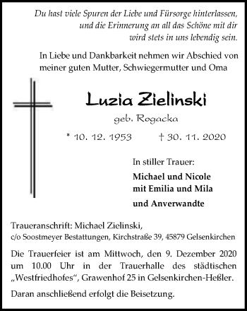 Traueranzeige von Luzia Zielinski von WVW Anzeigenblätter