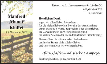 Traueranzeige von Manfred Klaffei von WVW Anzeigenblätter