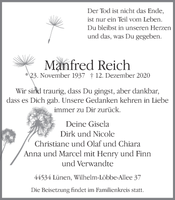 Traueranzeige von Manfred Reich von WVW Anzeigenblätter