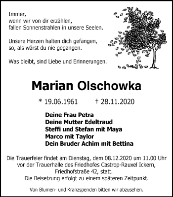 Traueranzeige von Marian Olschowka von WVW Anzeigenblätter