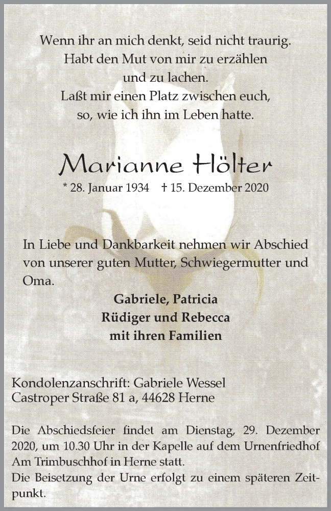  Traueranzeige für Marianne Hölter vom 19.12.2020 aus WVW Anzeigenblätter